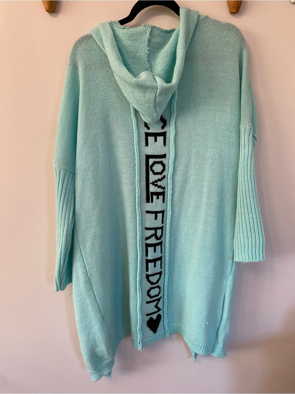 Aqua Boho Peace Love Freedom Hooded Knit Wool Blend Cardigan made in Italy